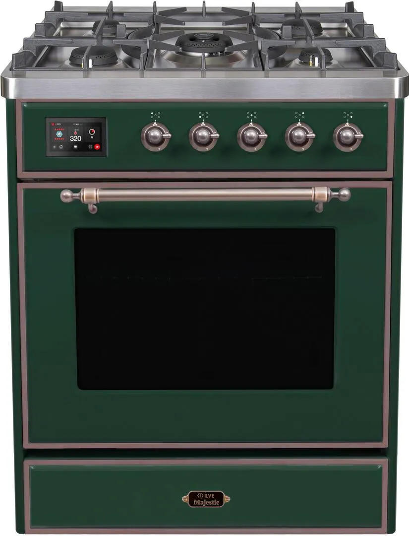 Ilve UM30DNE3EGBLP Majestic Ii 30 Inch Dual Fuel Liquid Propane Freestanding Range In Emerald Green With Bronze Trim Freestanding Ranges freestanding dual fuel range 30 inch