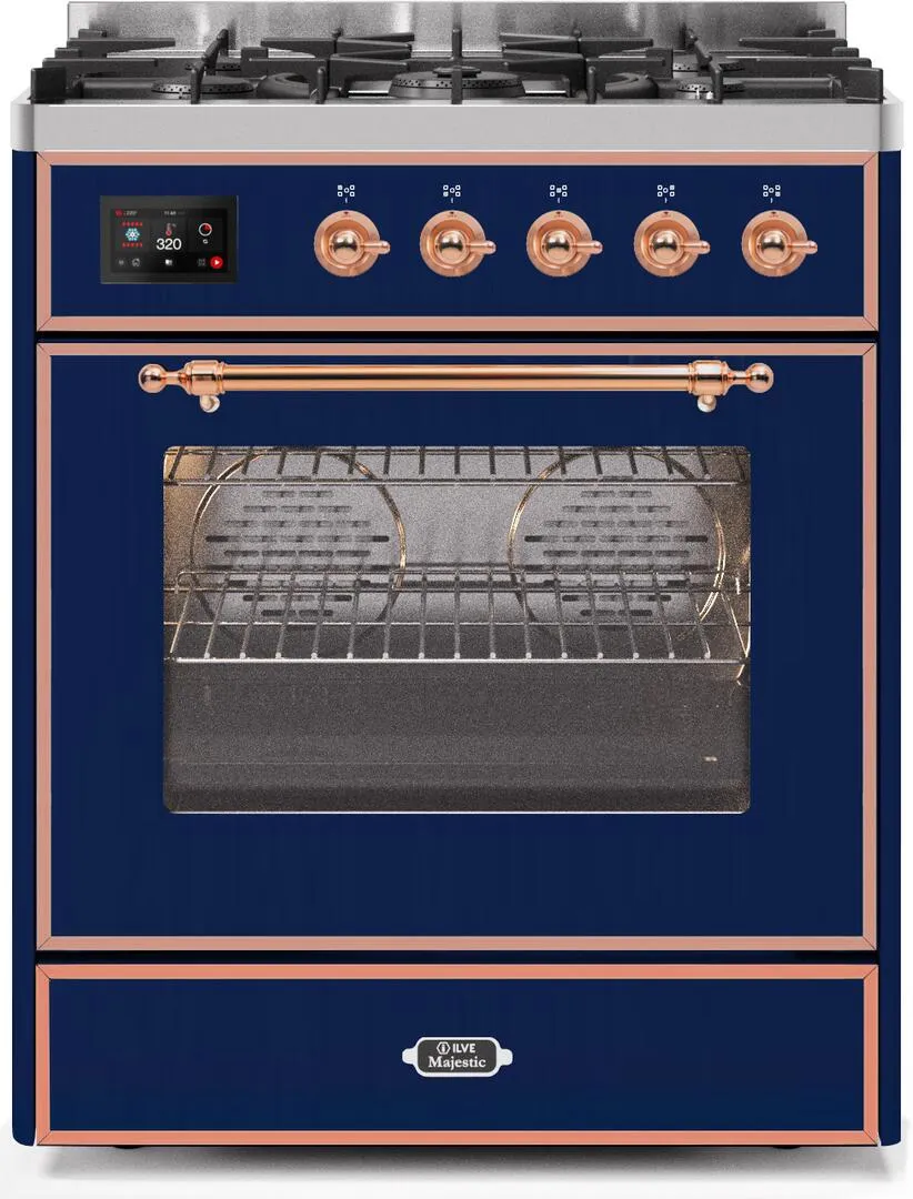 Ilve UM30DNE3MBP Majestic Ii 30 Inch Dual Fuel Natural Gas Freestanding Range In Blue With Copper Trim Freestanding Ranges freestanding dual fuel range 30 inch