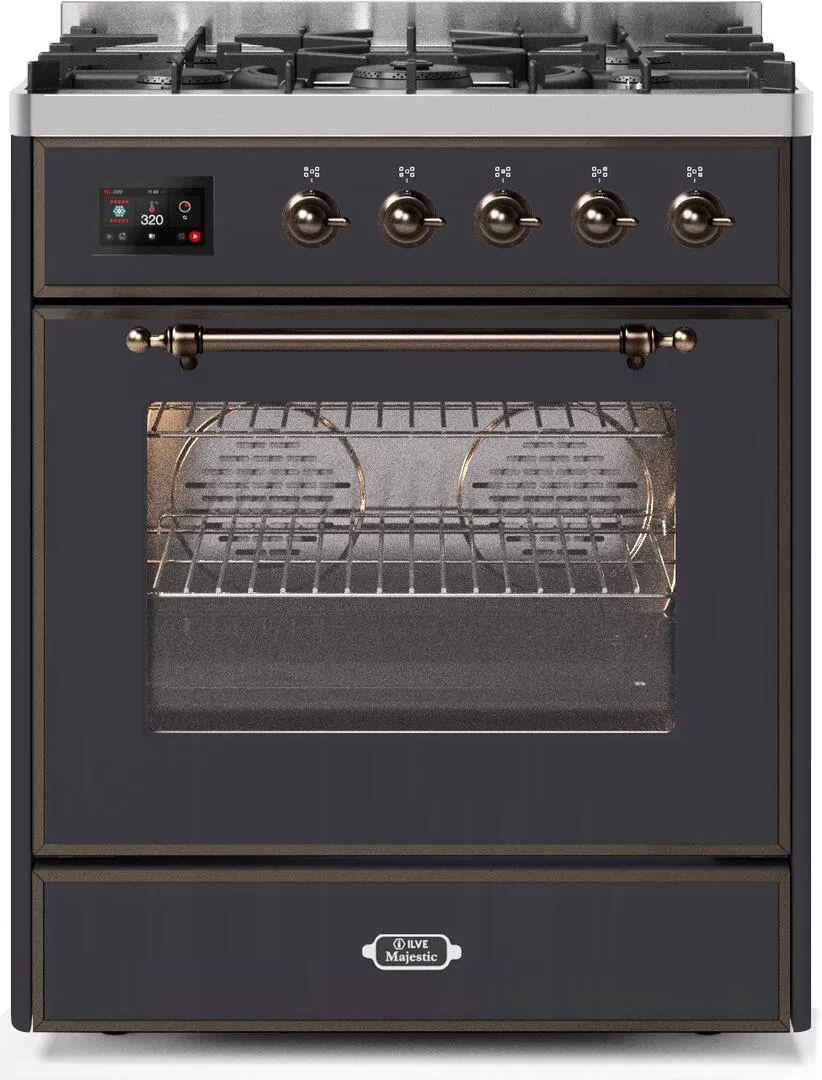 Ilve UM30DNE3MGB Majestic Ii 30 Inch Dual Fuel Natural Gas Freestanding Range In Matte Graphite With Bronze Trim Freestanding Ranges freestanding dual fuel range 30 inch