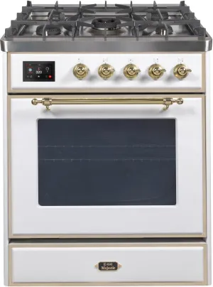 Ilve UM30DNE3WHG Majestic Ii 30 Inch Dual Fuel Natural Gas Freestanding Range In White With Brass Trim Freestanding Ranges freestanding dual fuel range 30 inch