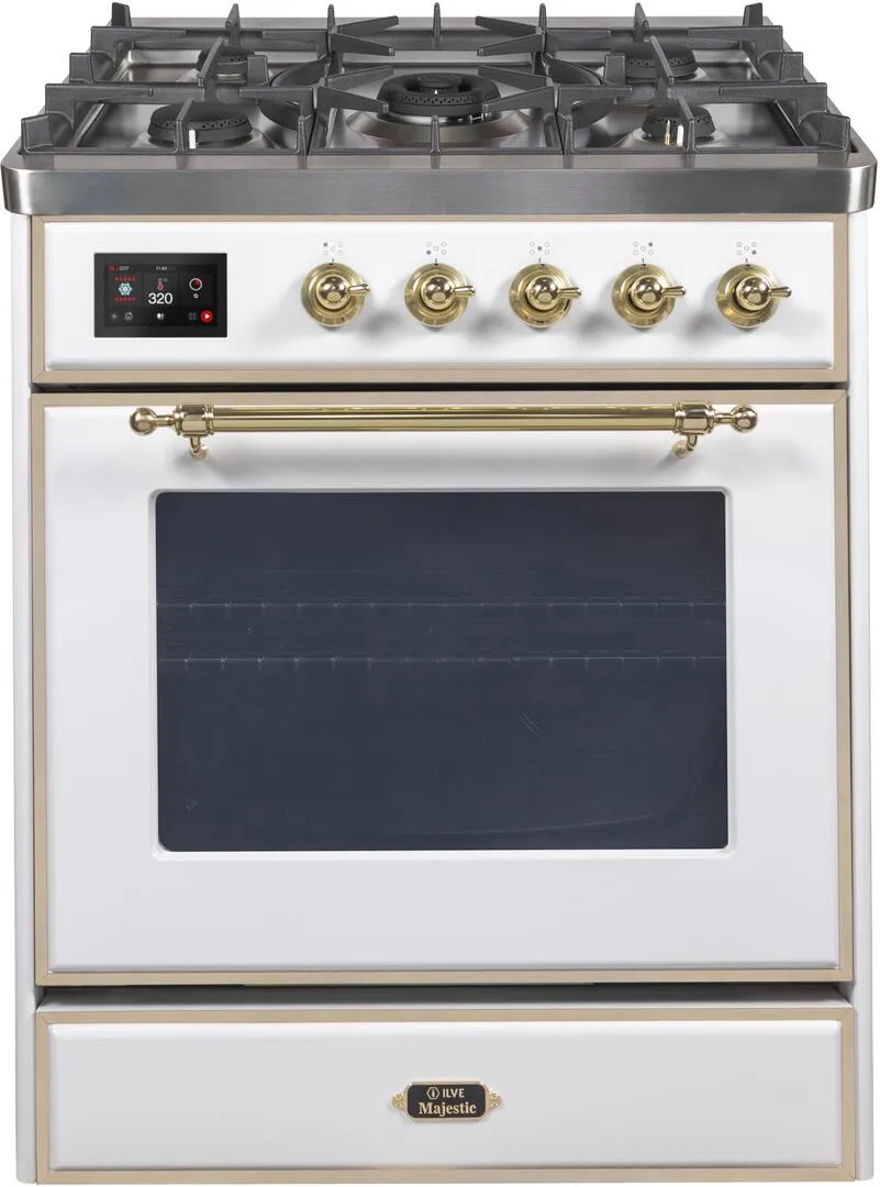 Ilve UM30DNE3WHGLP Majestic Ii 30 Inch Dual Fuel Liquid Propane Freestanding Range In White With Brass Trim Freestanding Ranges freestanding dual fuel range 30 inch