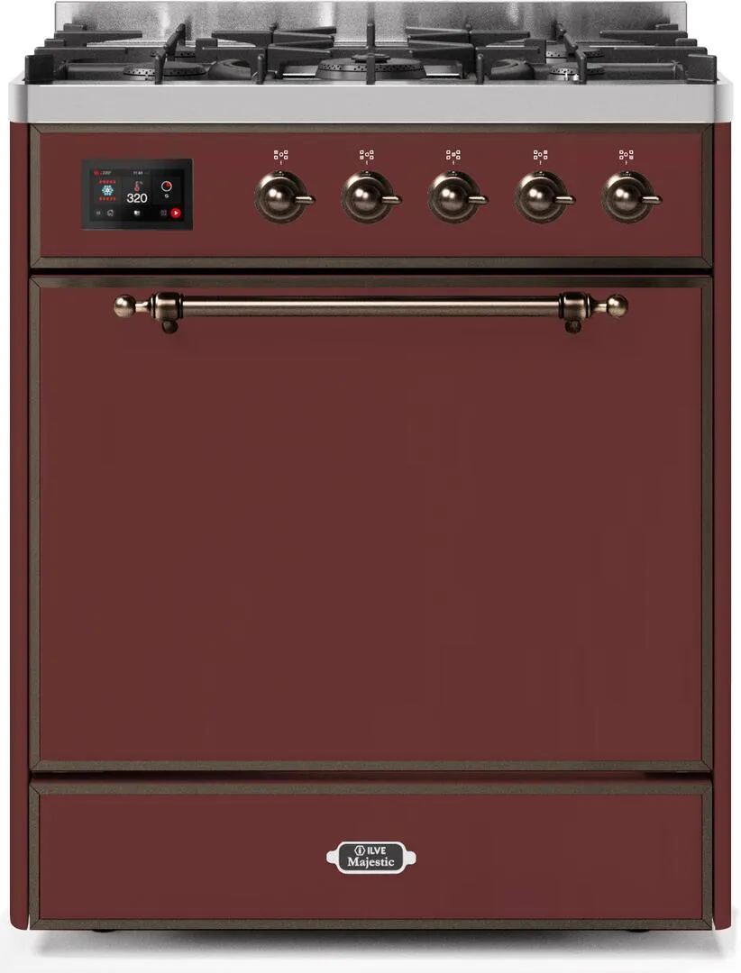 Ilve UM30DQNE3BUBLP Majestic Ii 30 Inch Dual Fuel Liquid Propane Freestanding Range In Burgundy With Bronze Trim Freestanding Ranges freestanding dual fuel range 30 inch