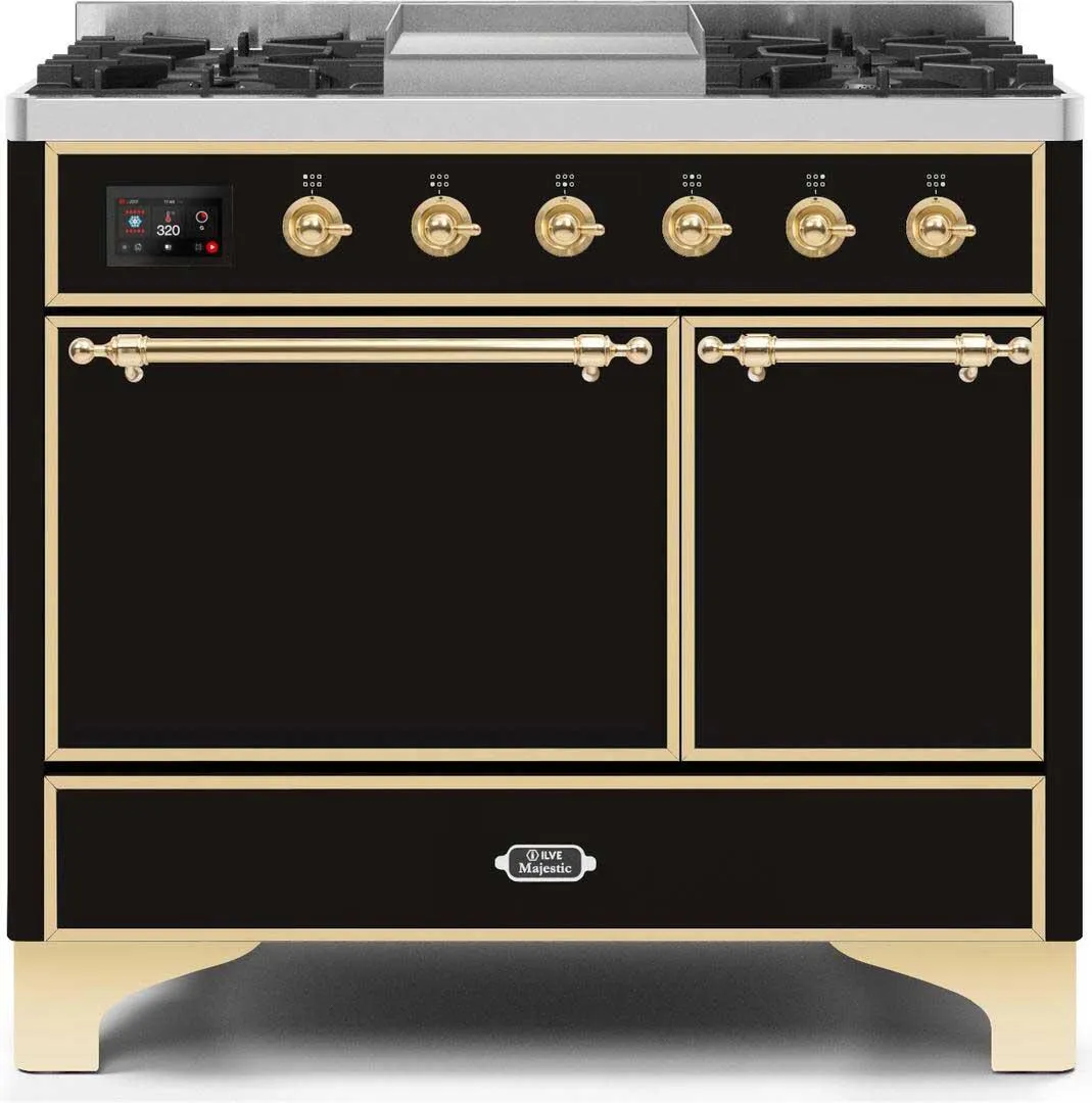 Ilve UMD10FDQNS3BKG Majestic Ii 40 Inch Dual Fuel Natural Gas Freestanding Range In Glossy Black With Brass Trim Freestanding Ranges freestanding dual fuel range 30 inch