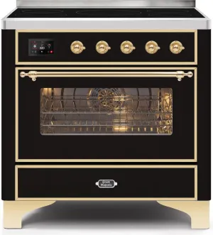 Ilve UMI09NS3BKG Majestic Ii 36 Inch Electric Freestanding Range In Glossy Black With Brass Trim Freestanding Ranges freestanding dual fuel range 30 inch