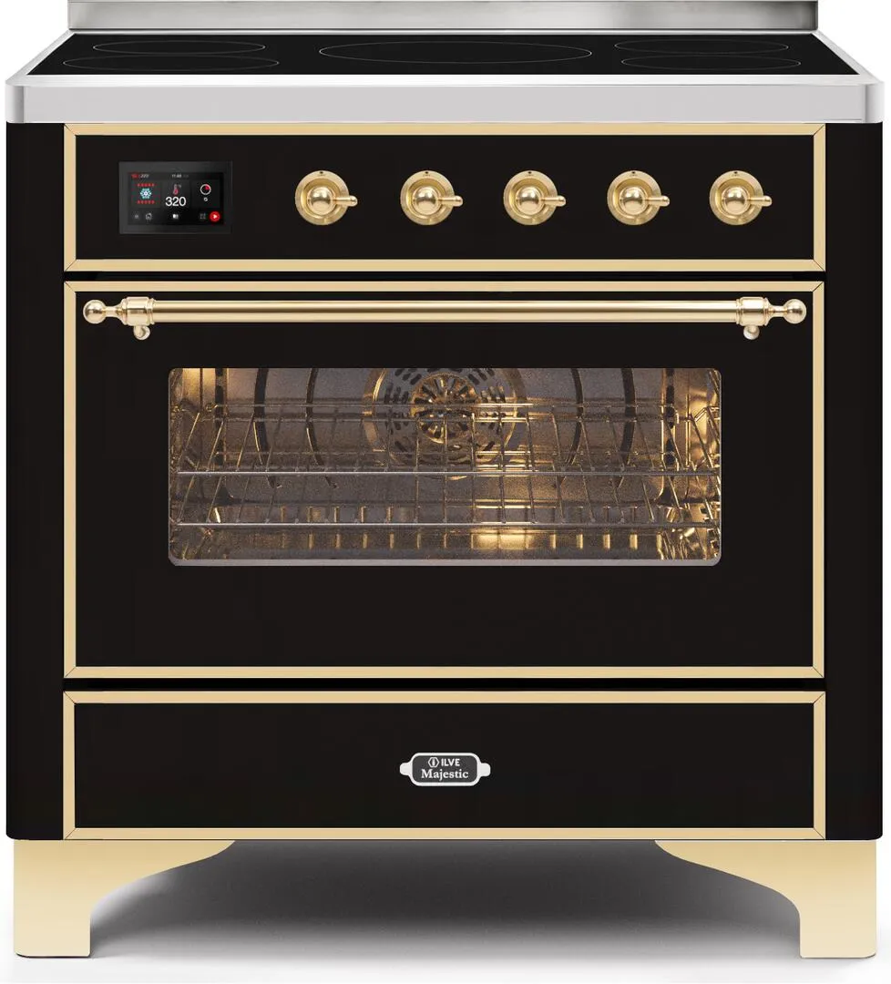 Ilve UMI09NS3BKG Majestic Ii 36 Inch Electric Freestanding Range In Glossy Black With Brass Trim Freestanding Ranges freestanding dual fuel range 30 inch