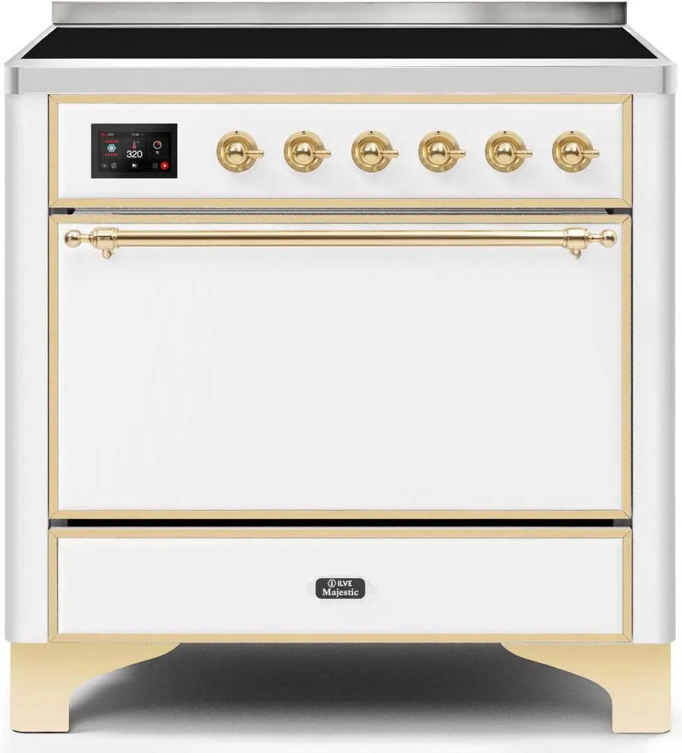 Ilve UMI09QNS3WHG Majestic Ii 36 Inch Electric Freestanding Range In White With Brass Trim Freestanding Ranges freestanding dual fuel range 30 inch
