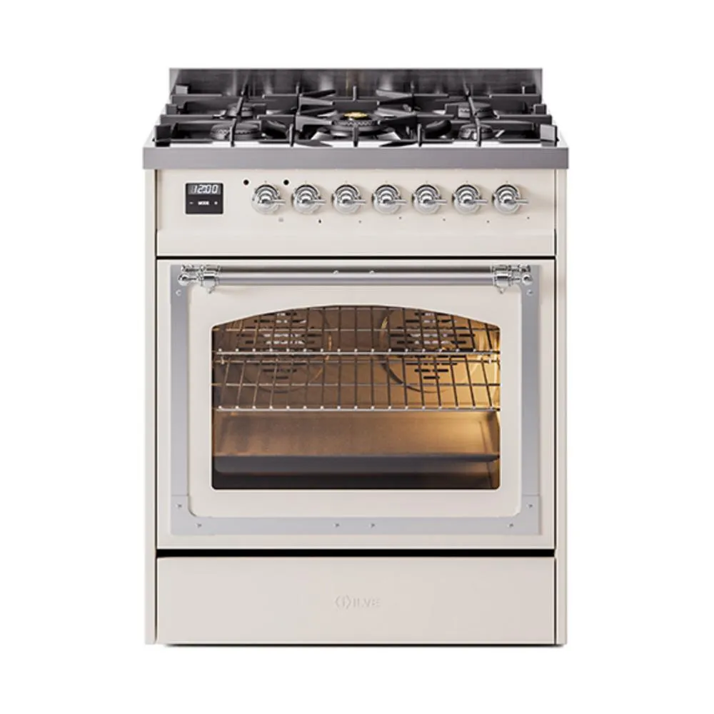 Ilve UN30NMPAWC Ilve Un30Nmpawc Nostalgie Ii Noblesse 30" Dual Fuel Range (Natural Gas, Triple Glass Door, Antique White, Chrome) Freestanding Ranges freestanding dual fuel range 30 inch