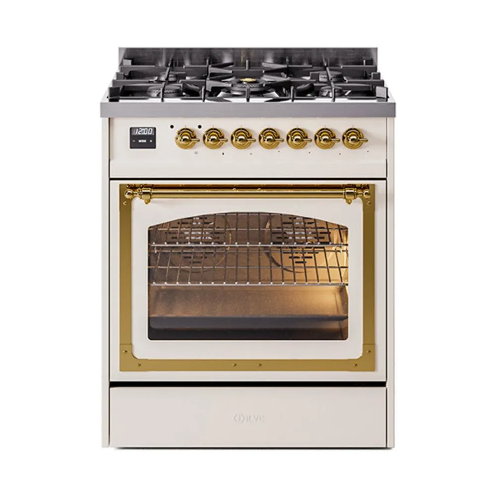 Ilve UN30NMPAWG Ilve Un30Nmpawg Nostalgie Ii Noblesse 30" Dual Fuel Range (Natural Gas, Triple Glass Door, Antique White, Brass) Freestanding Ranges freestanding dual fuel range 30 inch