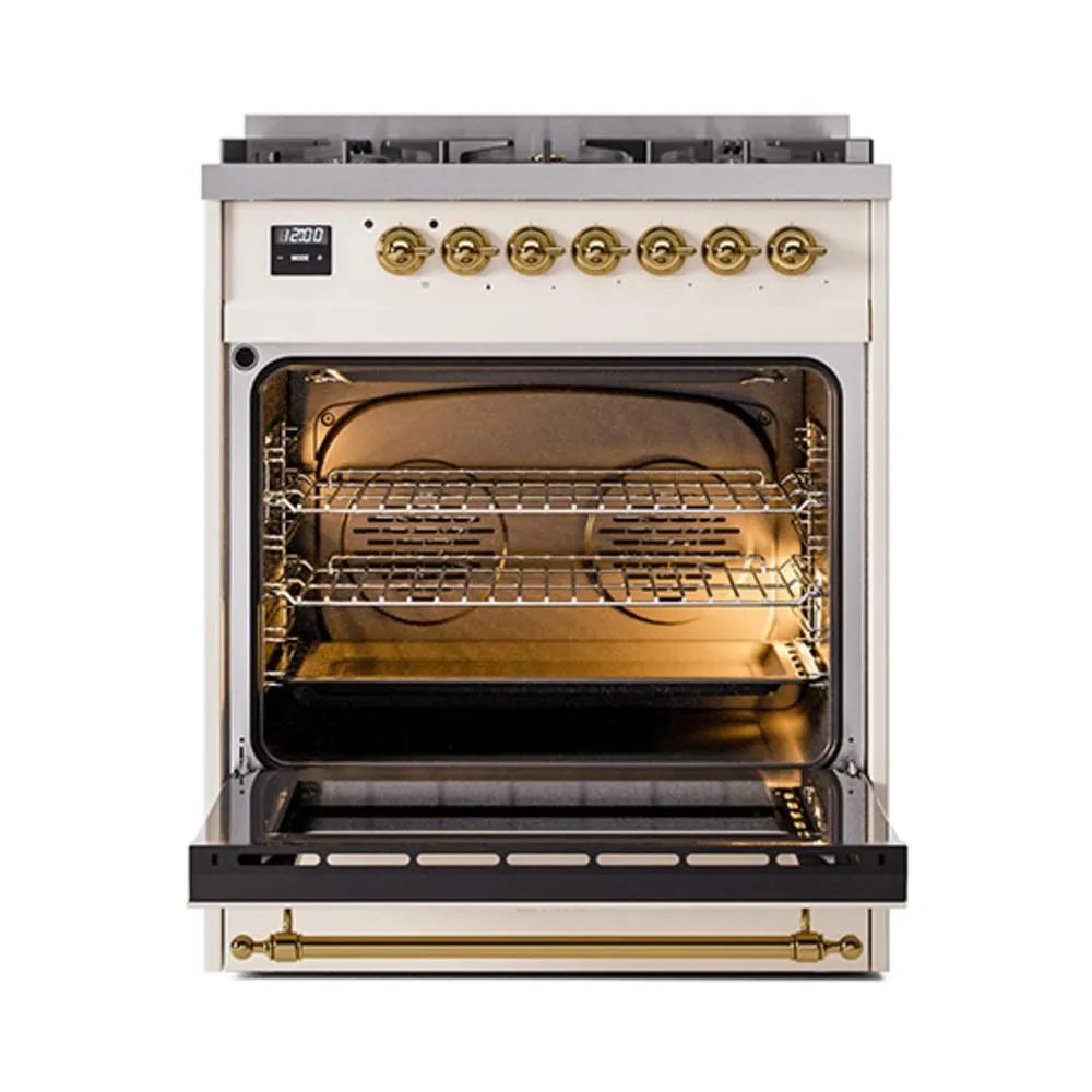 Ilve UN30NMPAWG Ilve Un30Nmpawg Nostalgie Ii Noblesse 30" Dual Fuel Range (Natural Gas, Triple Glass Door, Antique White, Brass)
