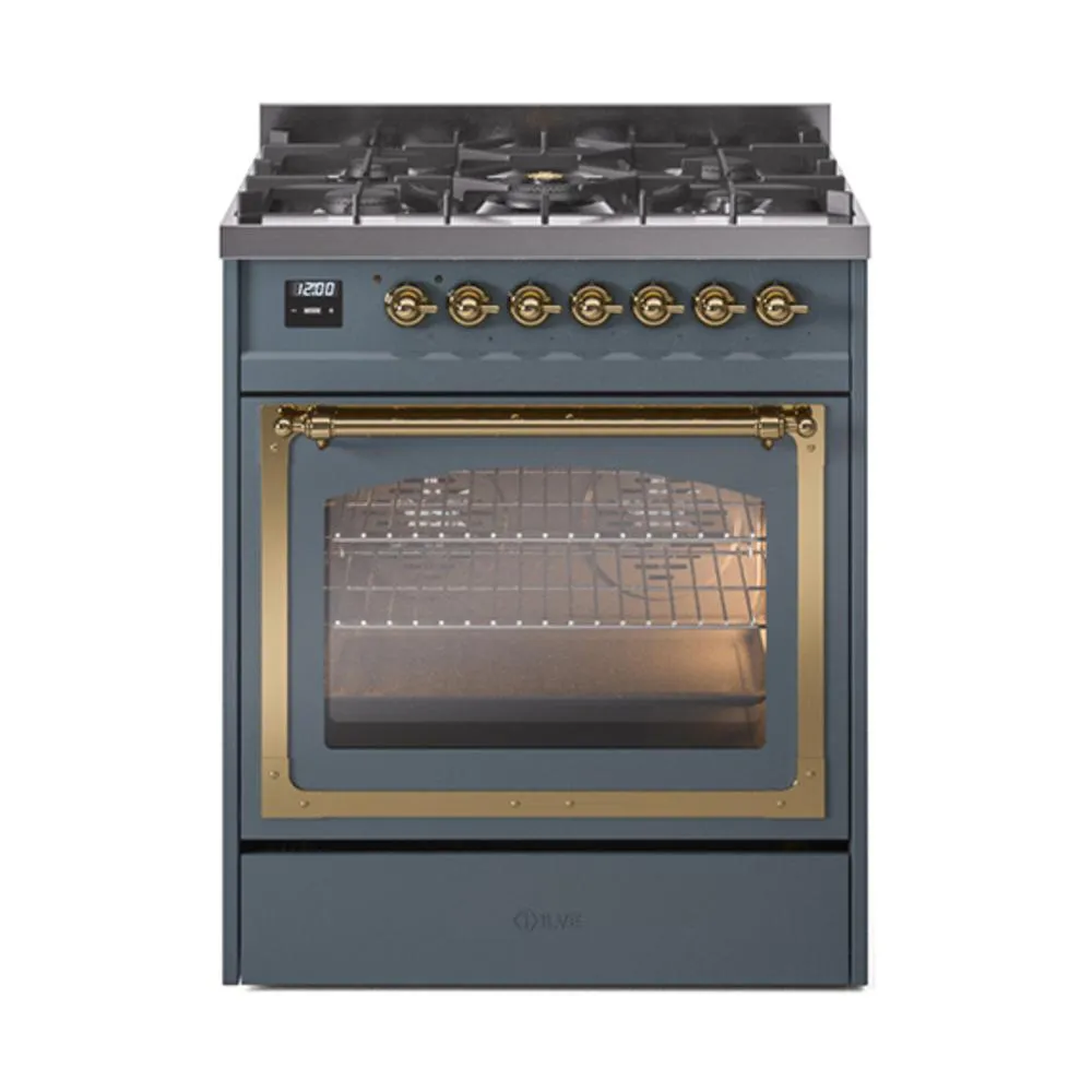 Ilve UN30NMPBGGLP Ilve Un30Nmpbgglp Nostalgie Ii Noblesse 30" Dual Fuel Range (Liquid Propane, Triple Glass Door, Blue Grey, Brass) Freestanding Ranges freestanding dual fuel range 30 inch