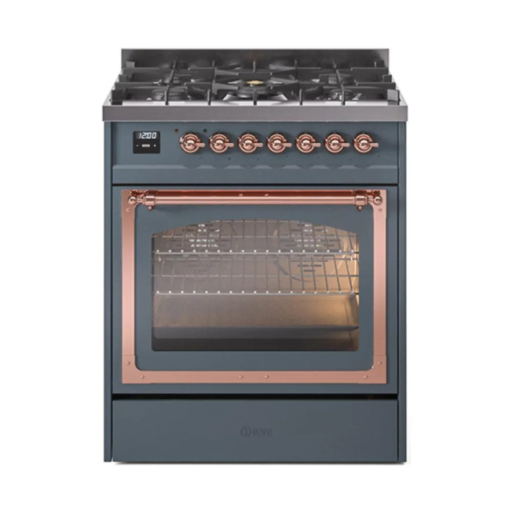Ilve UN30NMPBGPLP Ilve Un30Nmpbgplp Nostalgie Ii Noblesse 30" Dual Fuel Range (Liquid Propane, Triple Glass Door, Blue Grey, Copper) Freestanding Ranges freestanding dual fuel range 30 inch