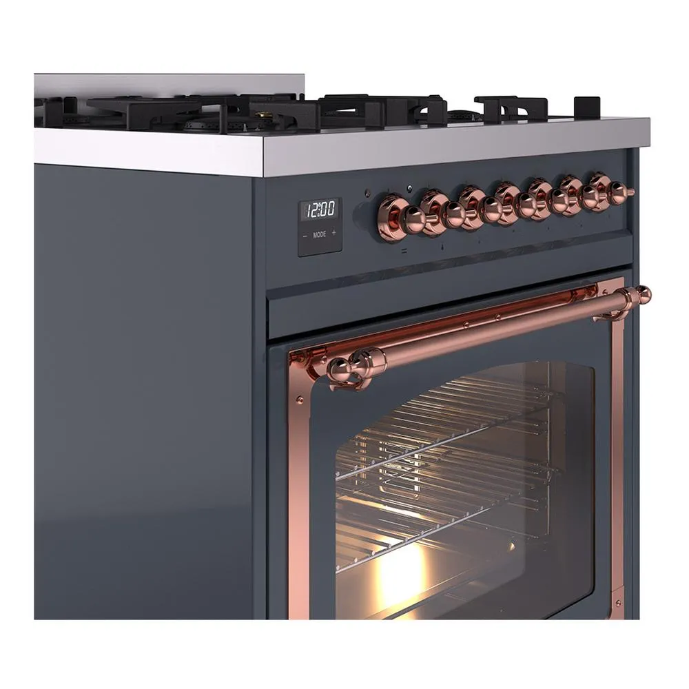Ilve UN30NMPBGPLP Ilve Un30Nmpbgplp Nostalgie Ii Noblesse 30" Dual Fuel Range (Liquid Propane, Triple Glass Door, Blue Grey, Copper)