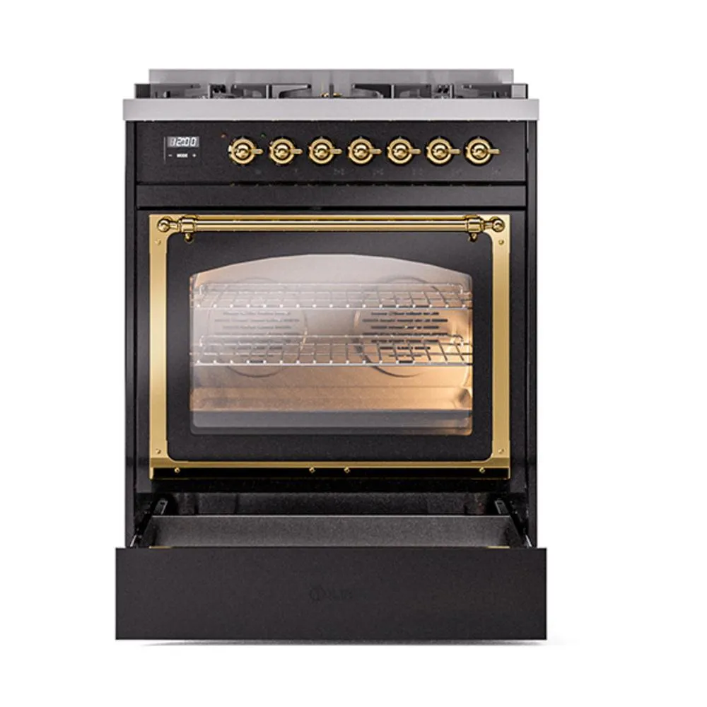 Ilve UN30NMPBKG Ilve Un30Nmpbkg Nostalgie Ii Noblesse 30" Dual Fuel Range (Natural Gas, Triple Glass Door, Glossy Black, Brass)