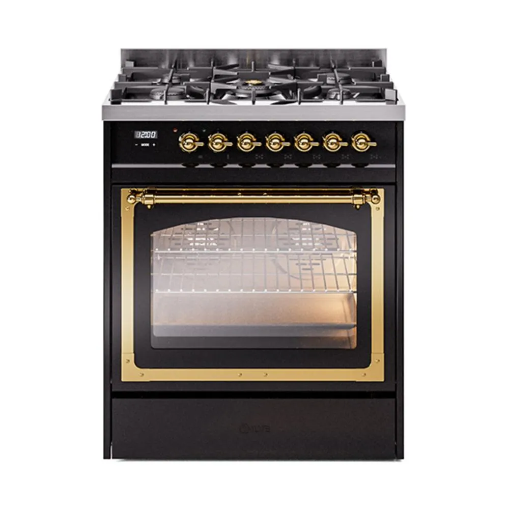 Ilve UN30NMPBKG Ilve Un30Nmpbkg Nostalgie Ii Noblesse 30" Dual Fuel Range (Natural Gas, Triple Glass Door, Glossy Black, Brass) Freestanding Ranges freestanding dual fuel range 30 inch