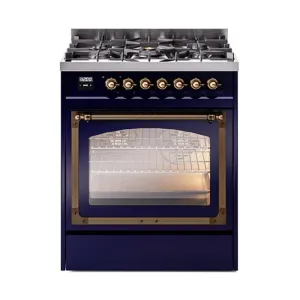Ilve UN30NMPMBBLP Ilve Un30Nmpmbblp Nostalgie Ii Noblesse 30" Dual Fuel Range (Liquid Propane, Triple Glass Door, Midnight Blue, Burnished) Freestanding Ranges freestanding dual fuel range 30 inch
