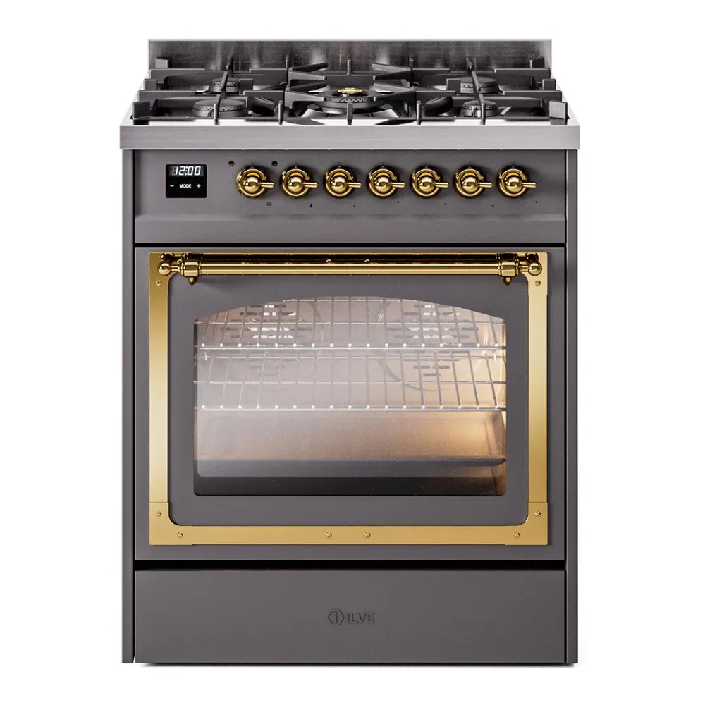 Ilve UN30NMPMGG Ilve Un30Nmpmgg Nostalgie Ii Noblesse 30" Dual Fuel Range (Natural Gas, Triple Glass Door, Graphite Matte, Brass) Freestanding Ranges freestanding dual fuel range 30 inch