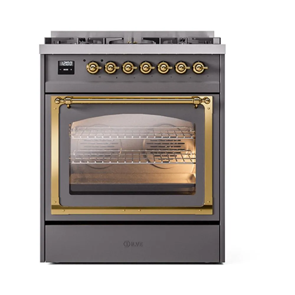 Ilve UN30NMPMGG Ilve Un30Nmpmgg Nostalgie Ii Noblesse 30" Dual Fuel Range (Natural Gas, Triple Glass Door, Graphite Matte, Brass)