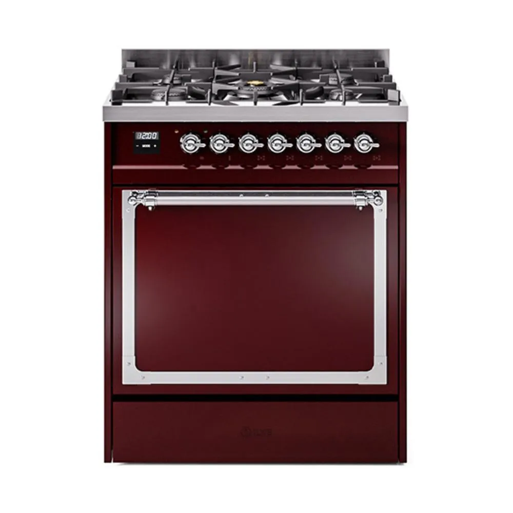 Ilve UN30QNMPBUC Ilve Un30Qnmpbuc Nostalgie Ii Noblesse 30" Dual Fuel Range (Natural Gas, Solid Door, Burgundy, Chrome) Freestanding Ranges freestanding dual fuel range 30 inch