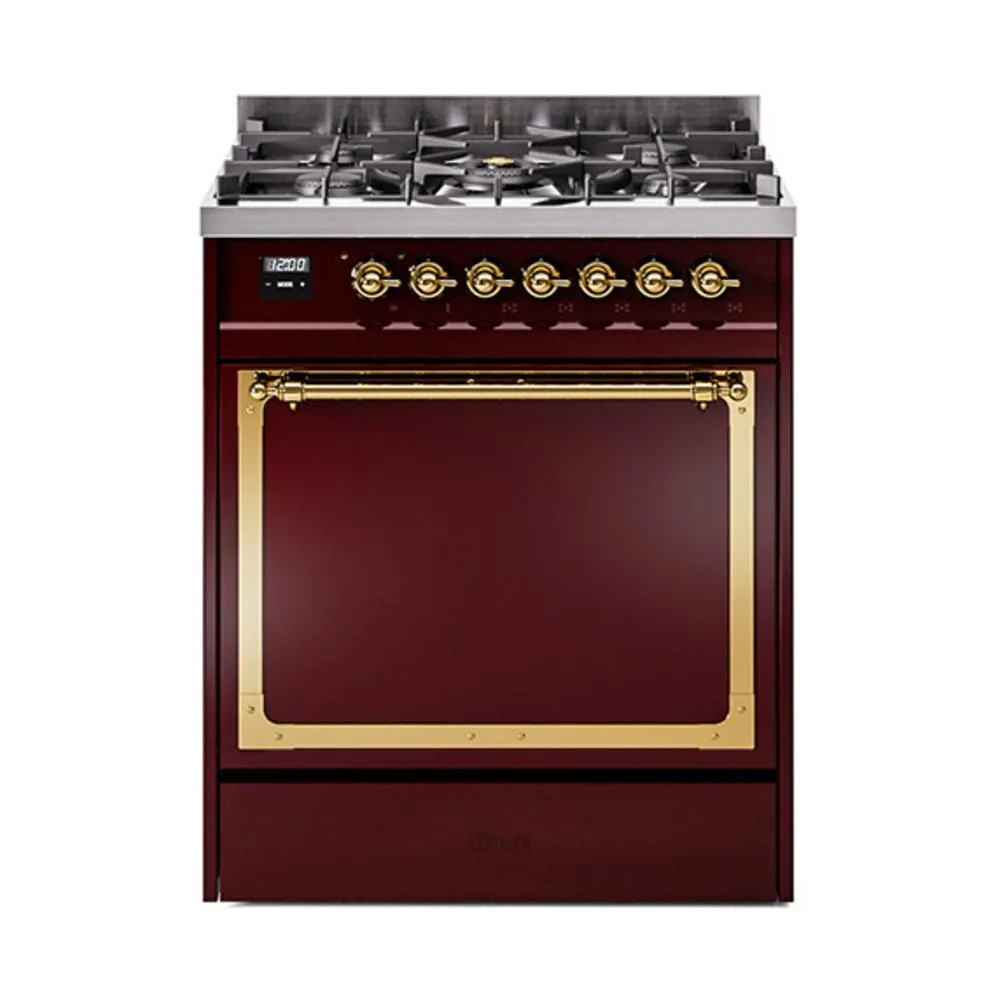 Ilve UN30QNMPBUGLP Ilve Un30Qnmpbuglp Nostalgie Ii Noblesse 30" Dual Fuel Range (Liquid Propane, Solid Door, Burgundy, Brass) Freestanding Ranges freestanding dual fuel range 30 inch