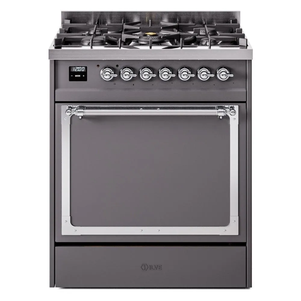 Ilve UN30QNMPMGC Ilve Un30Qnmpmgc Nostalgie Ii Noblesse 30" Dual Fuel Range (Natural Gas, Solid Door, Graphite Matte, Chrome) Freestanding Ranges freestanding dual fuel range 30 inch
