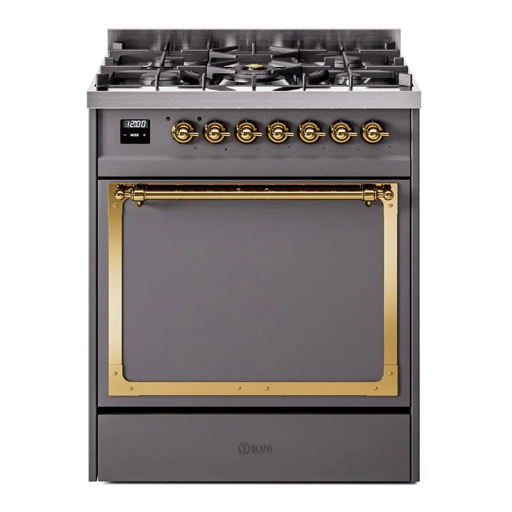 Ilve UN30QNMPMGGLP Ilve Un30Qnmpmgglp Nostalgie Ii Noblesse 30" Dual Fuel Range (Liquid Propane, Solid Door, Graphite Matte, Brass) Freestanding Ranges freestanding dual fuel range 30 inch