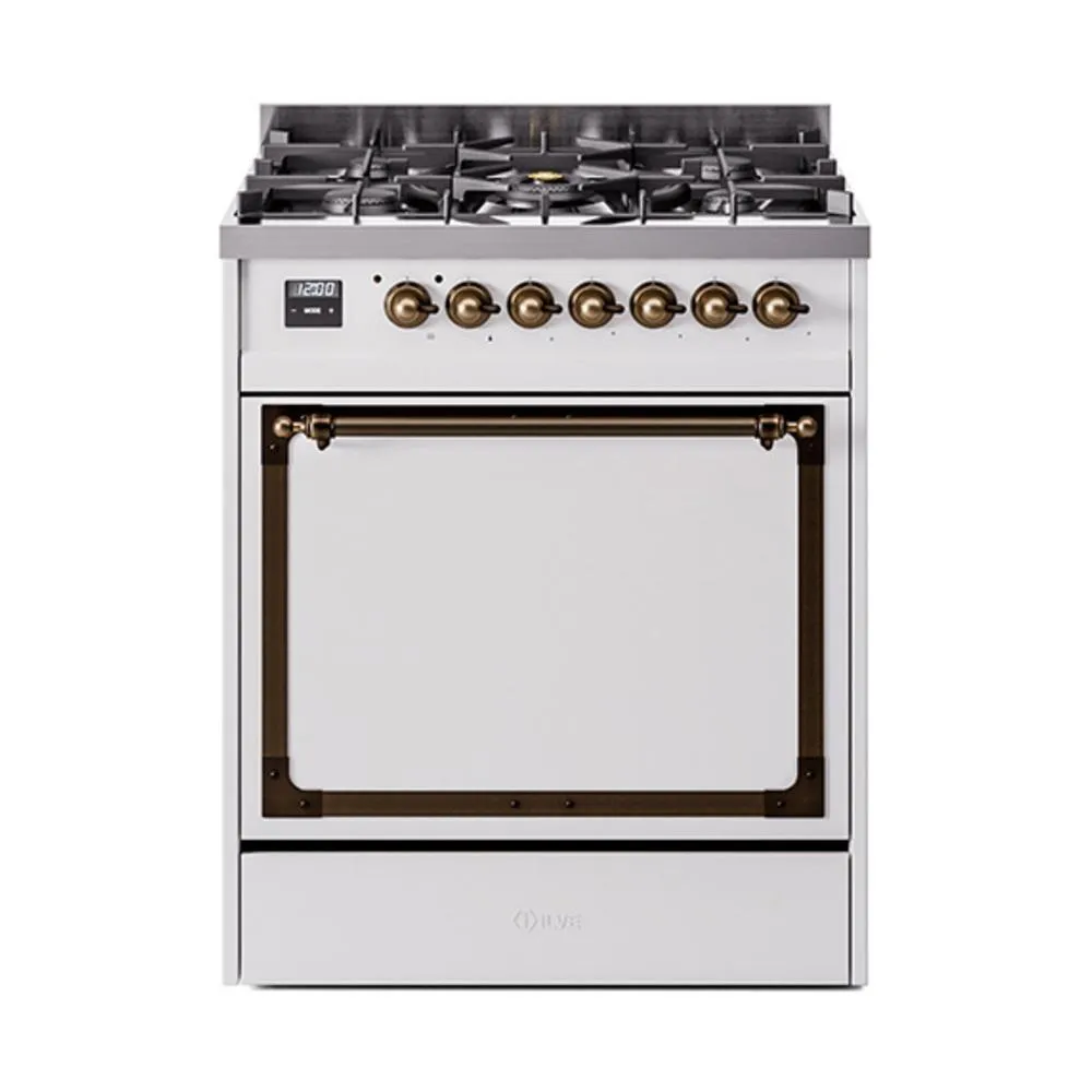 Ilve UN30QNMPWHB Ilve Un30Qnmpwhb Nostalgie Ii Noblesse 30" Dual Fuel Range (Natural Gas, Solid Door, White, Burnished) Freestanding Ranges freestanding dual fuel range 30 inch