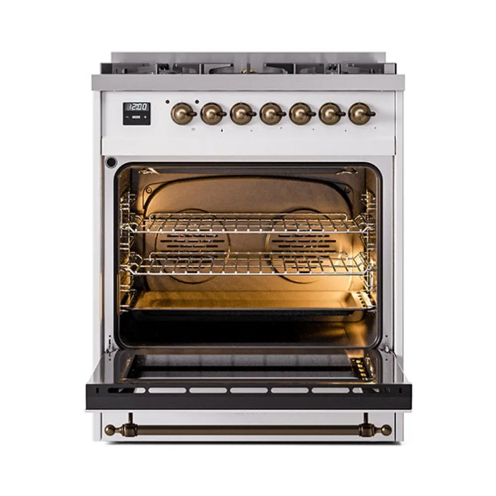 Ilve UN30QNMPWHB Ilve Un30Qnmpwhb Nostalgie Ii Noblesse 30" Dual Fuel Range (Natural Gas, Solid Door, White, Burnished)