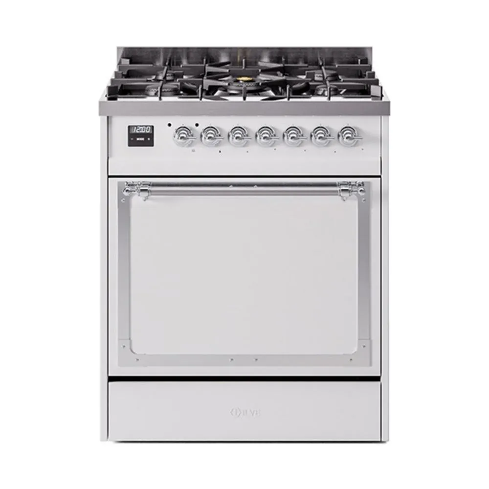 Ilve UN30QNMPWHC Ilve Un30Qnmpwhc Nostalgie Ii Noblesse 30" Dual Fuel Range (Natural Gas, Solid Door, White, Chrome) Freestanding Ranges freestanding dual fuel range 30 inch