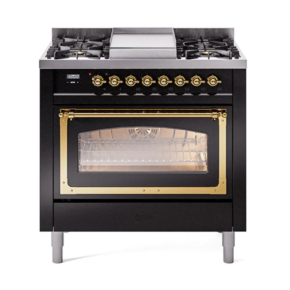 Ilve UN36FNMPBKGLP Ilve Un36Fnmpbkglp Nostalgie Ii Noblesse 36" Dual Fuel Range (Liquid Propane, Triple Glass Door, Glossy Black, Brass) Freestanding Ranges freestanding dual fuel range 30 inch