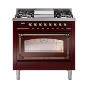 Ilve UN36FNMPBUBLP Ilve Un36Fnmpbublp Nostalgie Ii Noblesse 36" Dual Fuel Range (Liquid Propane, Triple Glass Door, Burgundy, Burnished) Freestanding Ranges freestanding dual fuel range 30 inch