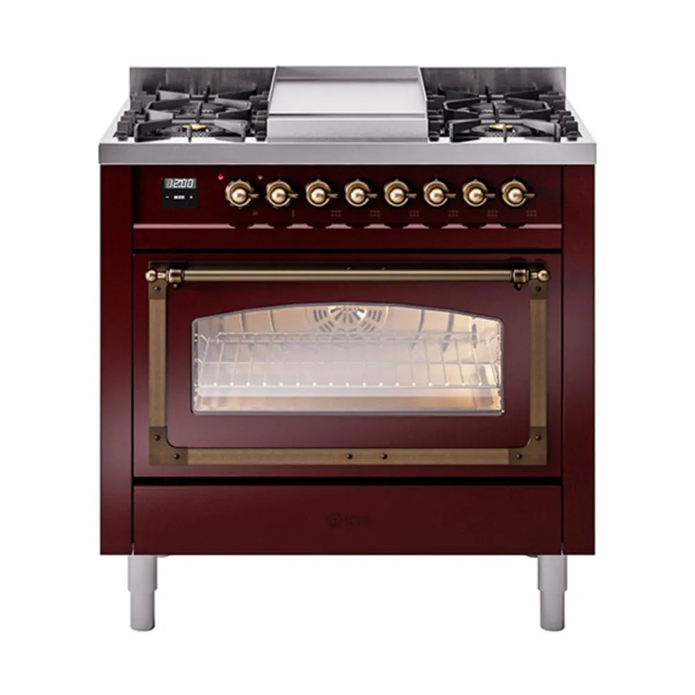 Ilve UN36FNMPBUBLP Ilve Un36Fnmpbublp Nostalgie Ii Noblesse 36" Dual Fuel Range (Liquid Propane, Triple Glass Door, Burgundy, Burnished) Freestanding Ranges freestanding dual fuel range 30 inch