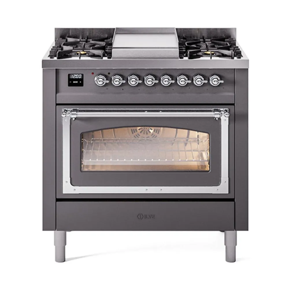 Ilve UN36FNMPMGC Ilve Un36Fnmpmgc Nostalgie Ii Noblesse 36" Dual Fuel Range (Natural Gas, Triple Glass Door, Graphite Matte, Chrome) Freestanding Ranges freestanding dual fuel range 30 inch