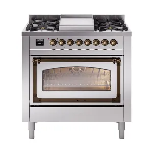 Ilve UN36FNMPSSB Ilve Un36Fnmpssb Nostalgie Ii Noblesse 36" Dual Fuel Range (Natural Gas, Triple Glass Door, Stainless Steel, Burnished) Freestanding Ranges freestanding dual fuel range 30 inch