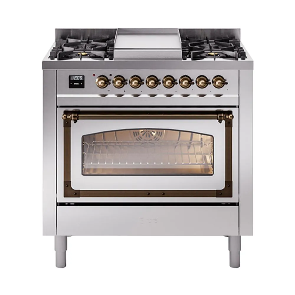Ilve UN36FNMPSSB Ilve Un36Fnmpssb Nostalgie Ii Noblesse 36" Dual Fuel Range (Natural Gas, Triple Glass Door, Stainless Steel, Burnished) Freestanding Ranges freestanding dual fuel range 30 inch