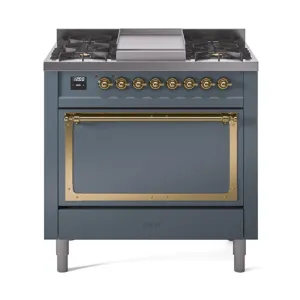 Ilve UN36FQNMPBGG Ilve Un36Fqnmpbgg Nostalgie Ii Noblesse 36" Dual Fuel Range (Natural Gas, Solid Door, Blue Grey, Brass) Freestanding Ranges freestanding dual fuel range 30 inch