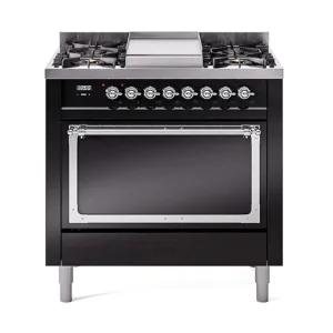 Ilve UN36FQNMPBKCLP Ilve Un36Fqnmpbkclp Nostalgie Ii Noblesse 36" Dual Fuel Range (Liquid Propane, Solid Door, Glossy Black, Chrome) Freestanding Ranges freestanding dual fuel range 30 inch