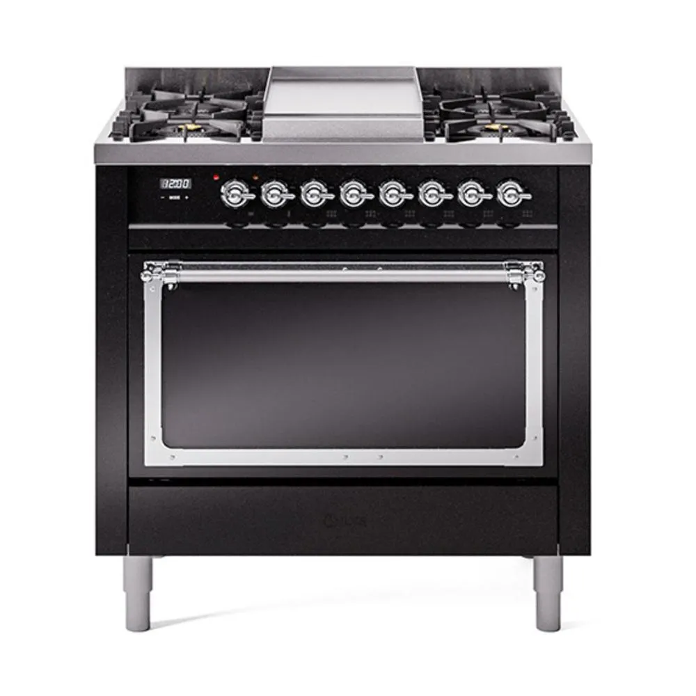 Ilve UN36FQNMPBKCLP Ilve Un36Fqnmpbkclp Nostalgie Ii Noblesse 36" Dual Fuel Range (Liquid Propane, Solid Door, Glossy Black, Chrome) Freestanding Ranges freestanding dual fuel range 30 inch