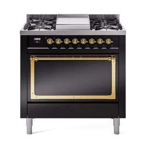 Ilve UN36FQNMPBKG Ilve Un36Fqnmpbkg Nostalgie Ii Noblesse 36" Dual Fuel Range (Natural Gas, Solid Door, Glossy Black, Brass) Freestanding Ranges freestanding dual fuel range 30 inch