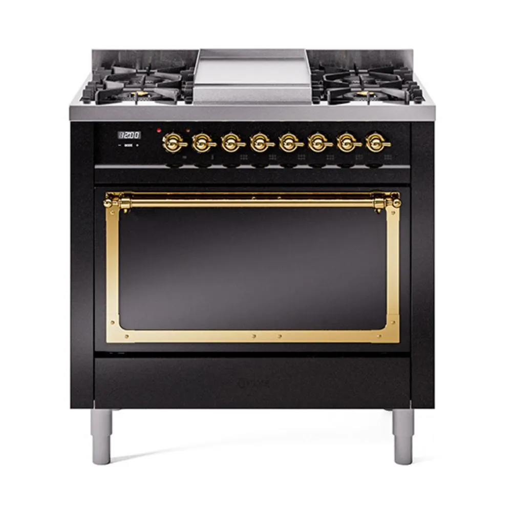 Ilve UN36FQNMPBKG Ilve Un36Fqnmpbkg Nostalgie Ii Noblesse 36" Dual Fuel Range (Natural Gas, Solid Door, Glossy Black, Brass) Freestanding Ranges freestanding dual fuel range 30 inch