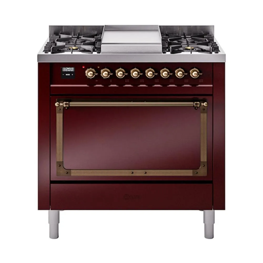 Ilve UN36FQNMPBUBLP Ilve Un36Fqnmpbublp Nostalgie Ii Noblesse 36" Dual Fuel Range (Liquid Propane, Solid Door, Burgundy, Burnished) Freestanding Ranges freestanding dual fuel range 30 inch