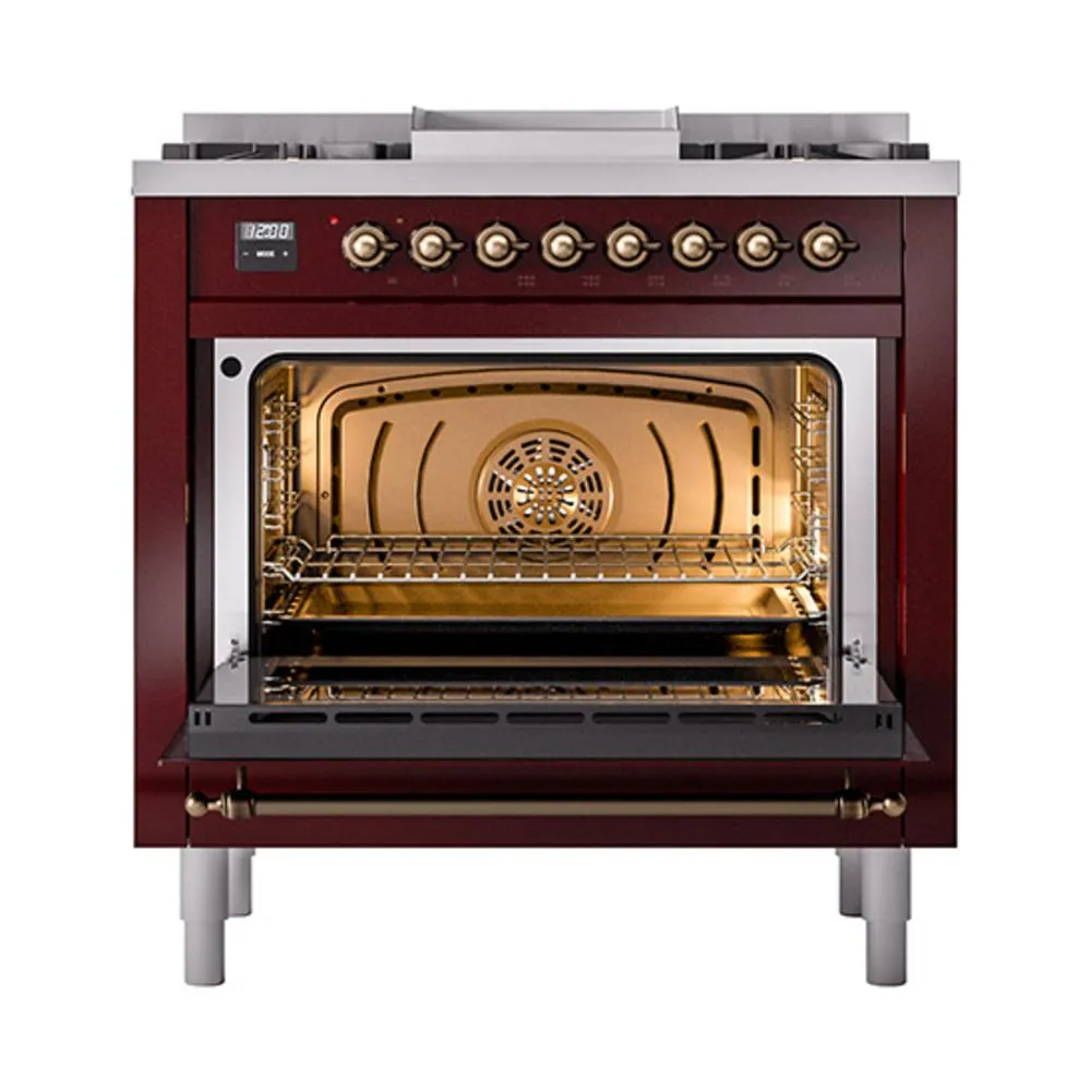 Ilve UN36FQNMPBUBLP Ilve Un36Fqnmpbublp Nostalgie Ii Noblesse 36" Dual Fuel Range (Liquid Propane, Solid Door, Burgundy, Burnished)