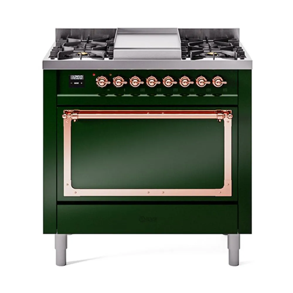 Ilve UN36FQNMPEGP Ilve Un36Fqnmpegp Nostalgie Ii Noblesse 36" Dual Fuel Range (Natural Gas, Solid Door, Emerald Green, Copper) Freestanding Ranges freestanding dual fuel range 30 inch