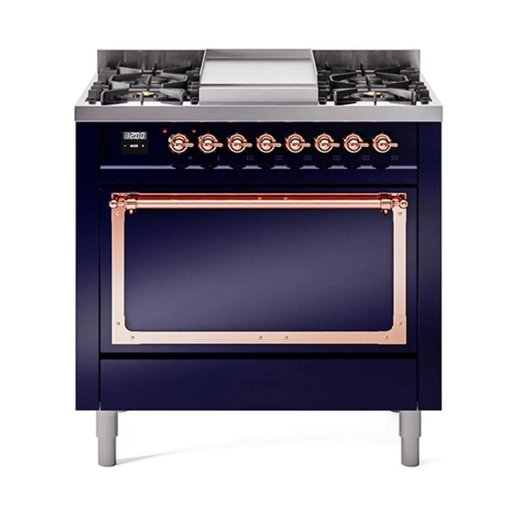 Ilve UN36FQNMPMBP Ilve Un36Fqnmpmbp Nostalgie Ii Noblesse 36" Dual Fuel Range (Natural Gas, Solid Door, Midnight Blue, Copper) Freestanding Ranges freestanding dual fuel range 30 inch