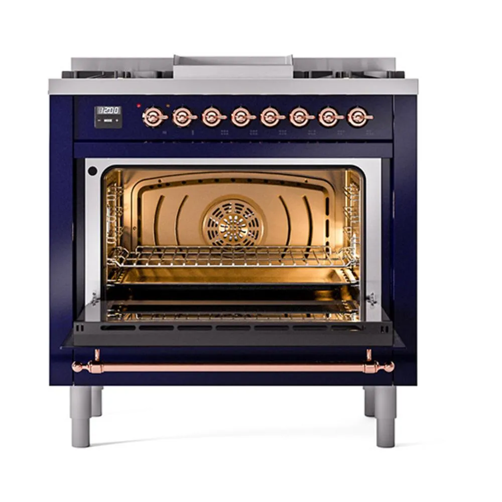 Ilve UN36FQNMPMBPLP Ilve Un36Fqnmpmbplp Nostalgie Ii Noblesse 36" Dual Fuel Range (Liquid Propane, Solid Door, Midnight Blue, Copper)