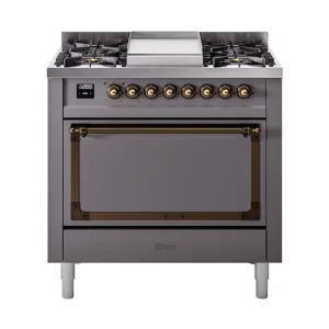 Ilve UN36FQNMPMGB Ilve Un36Fqnmpmgb Nostalgie Ii Noblesse 36" Dual Fuel Range (Natural Gas, Solid Door, Graphite Matte, Burnished) Freestanding Ranges freestanding dual fuel range 30 inch