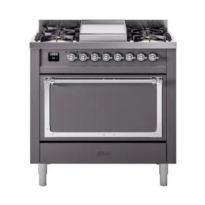 Ilve UN36FQNMPMGC Ilve Un36Fqnmpmgc Nostalgie Ii Noblesse 36" Dual Fuel Range (Natural Gas, Solid Door, Graphite Matte, Chrome) Freestanding Ranges freestanding dual fuel range 30 inch