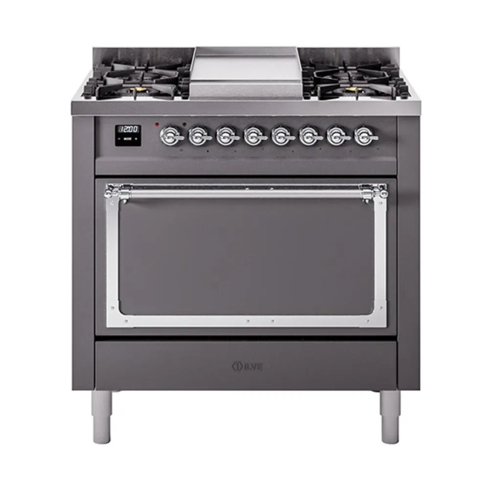 Ilve UN36FQNMPMGC Ilve Un36Fqnmpmgc Nostalgie Ii Noblesse 36" Dual Fuel Range (Natural Gas, Solid Door, Graphite Matte, Chrome) Freestanding Ranges freestanding dual fuel range 30 inch