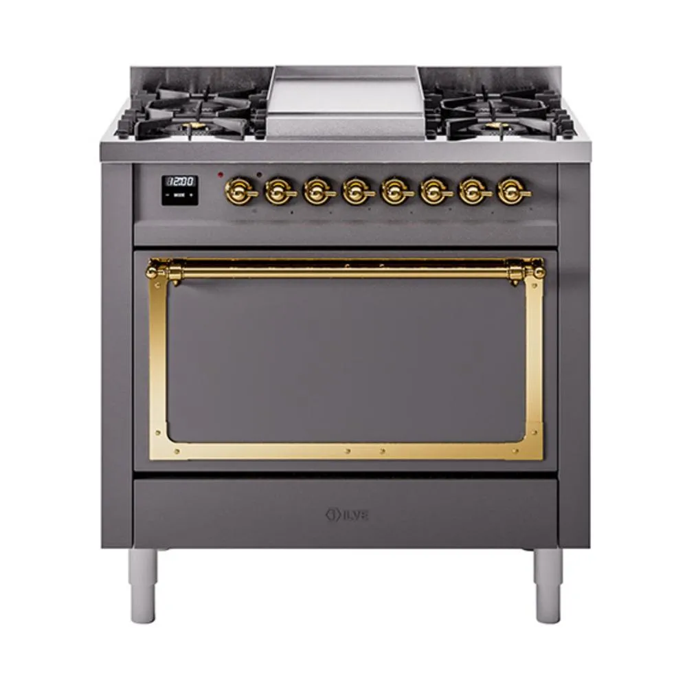 Ilve UN36FQNMPMGGLP Ilve Un36Fqnmpmgglp Nostalgie Ii Noblesse 36" Dual Fuel Range (Liquid Propane, Solid Door, Graphite Matte, Brass) Freestanding Ranges freestanding dual fuel range 30 inch