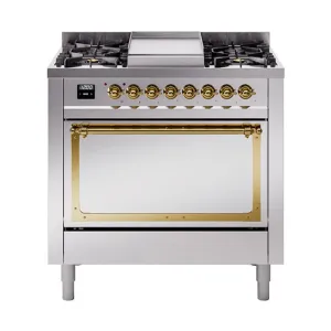 Ilve UN36FQNMPSSGLP Ilve Un36Fqnmpssglp Nostalgie Ii Noblesse 36" Dual Fuel Range (Liquid Propane, Solid Door, Stainless Steel, Brass) Freestanding Ranges freestanding dual fuel range 30 inch