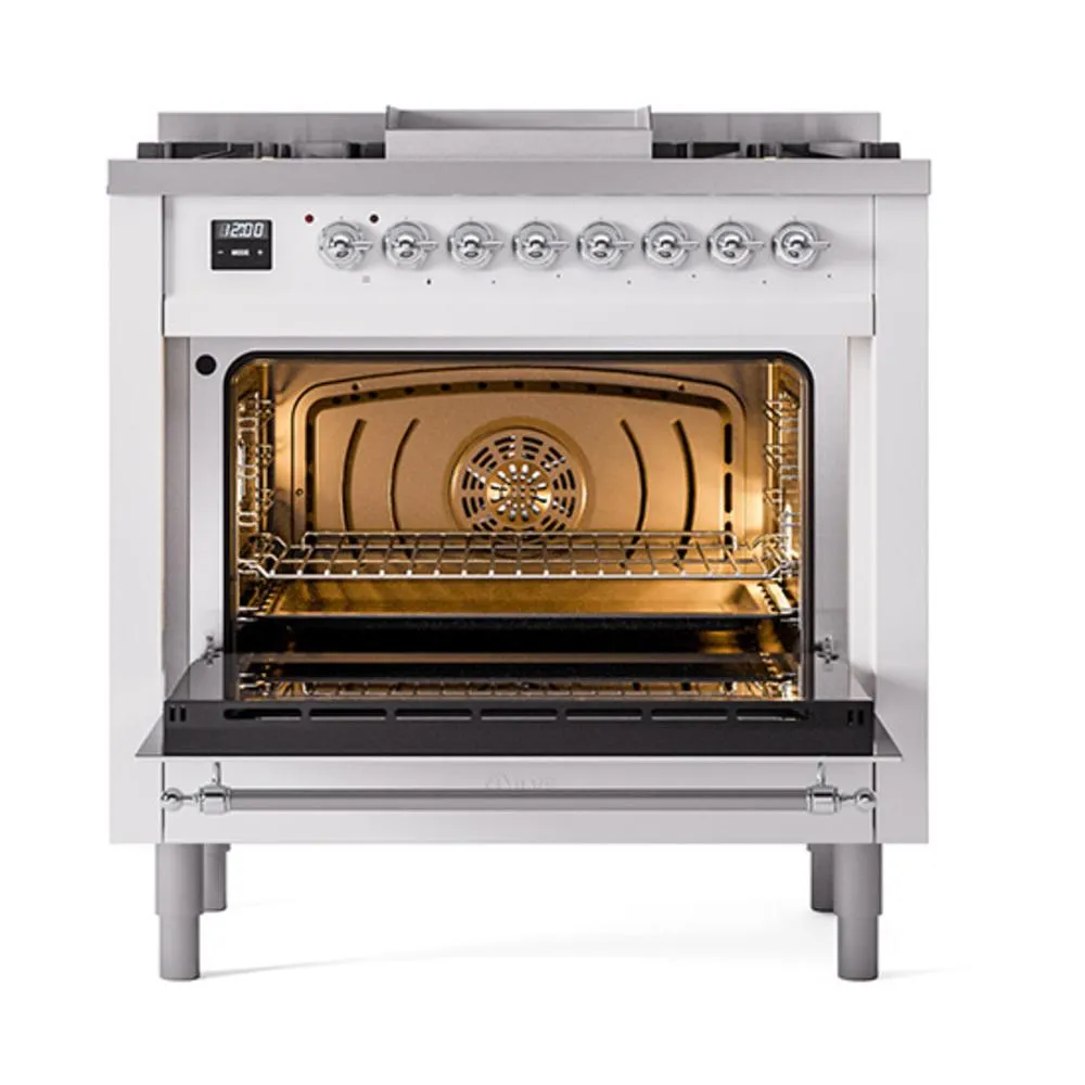 Ilve UN36FQNMPWHCLP Ilve Un36Fqnmpwhclp Nostalgie Ii Noblesse 36" Dual Fuel Range (Liquid Propane, Solid Door, White, Chrome)